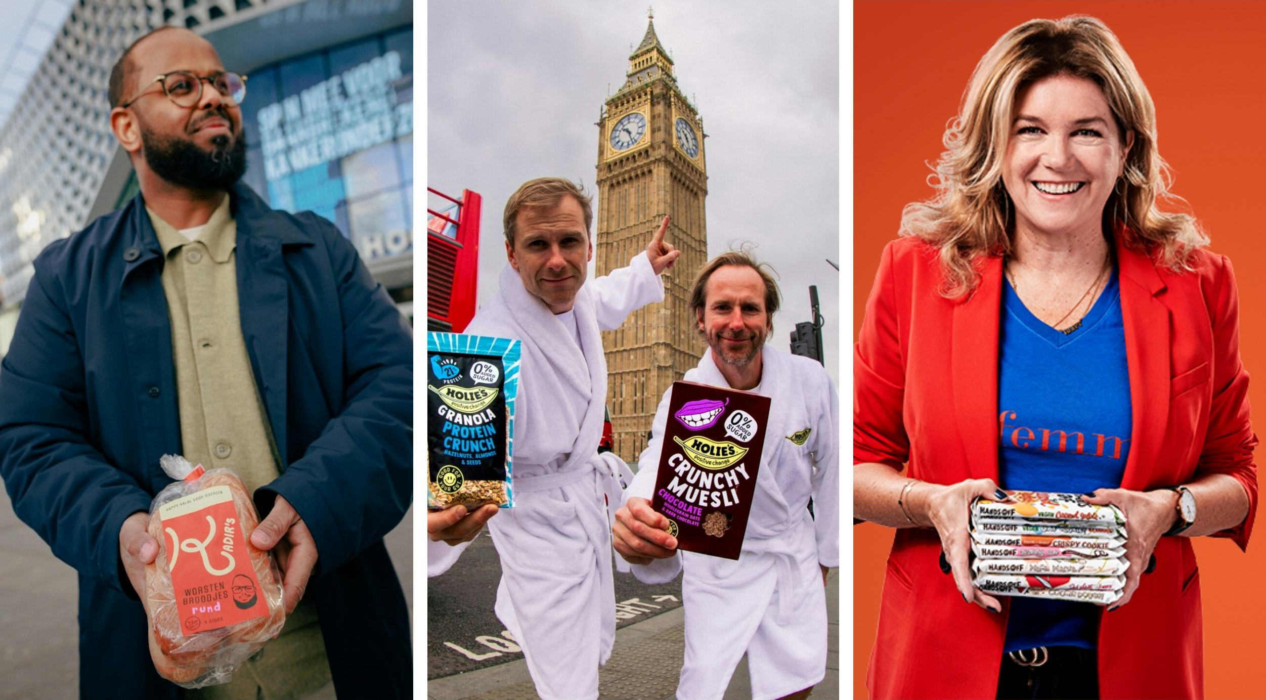 Van links naar rechts: Kadir Ahmed, oprichter van Kadir's; Merick Schoute en Valentijn van Santvoort, oprichters van Holie's en Kitty Smeeten, oprichter van Hands Off. Foto's: Kadir's, Holie's en Hands Off