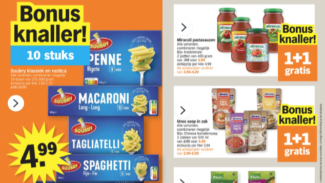 AH biedt in België 10 pakken pasta aan voor €4,99. Afbeelding: AH-folder