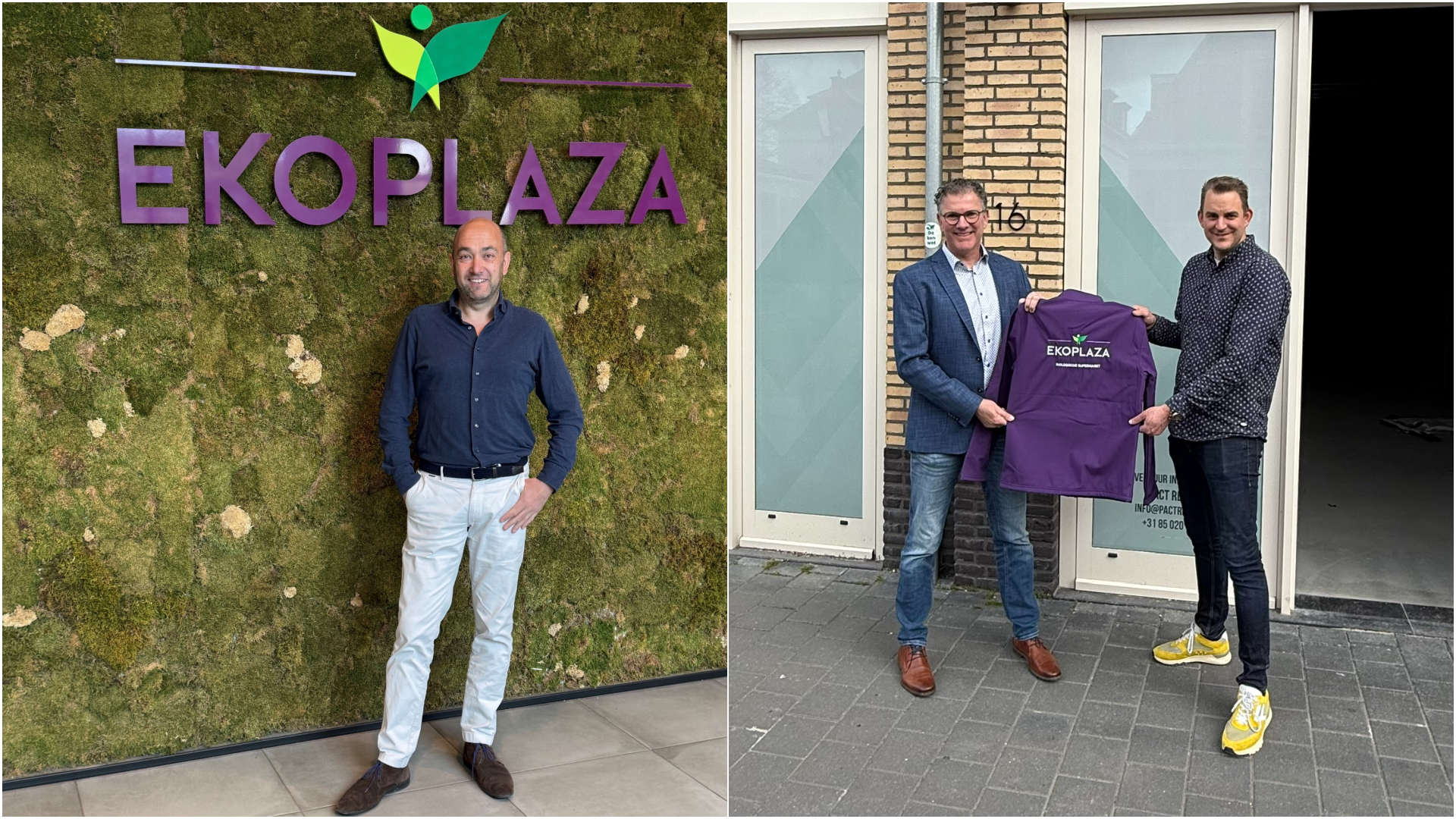 Links op de foto Ekoplaza-ondernemer Mathijs Vermeulen en rechts Geert-Jan Smits met ondernemer Nick van der Linden. Foto: Ekoplaza