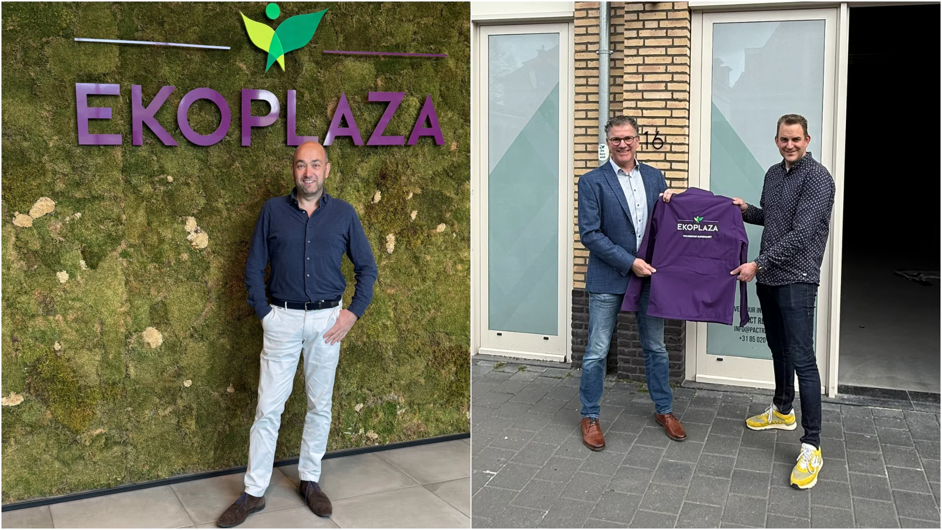 Links op de foto Ekoplaza-ondernemer Mathijs Vermeulen en rechts Geert-Jan Smits met ondernemer Nick van der Linden. Foto: Ekoplaza