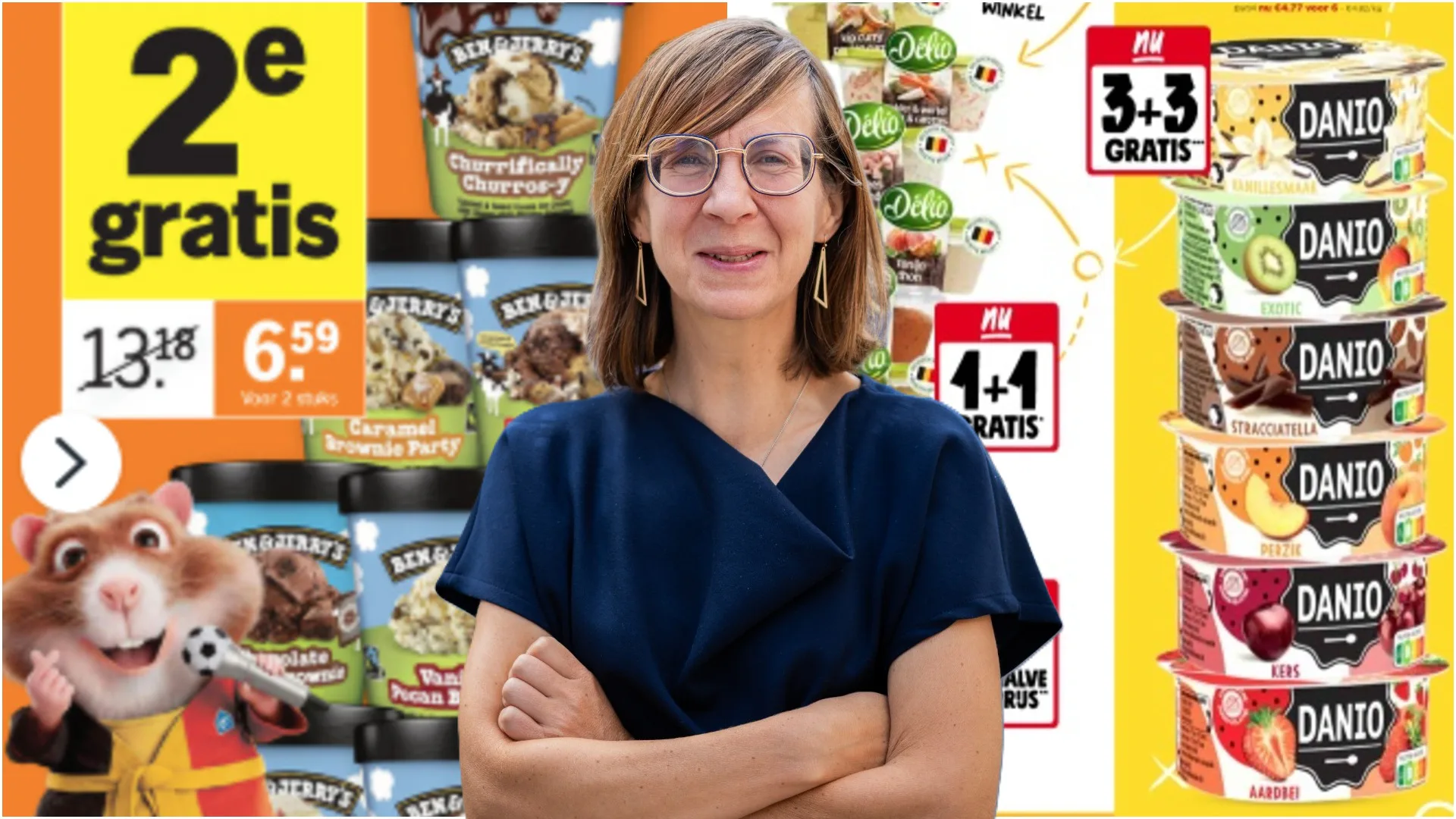 Retailprof Els Breugelmans van KU Leuven met op de achtergrond aanbiedingen van Albert Heijn en Jumbo in België. Foto's: Els Breugelmans, folders AH en Jumbo
