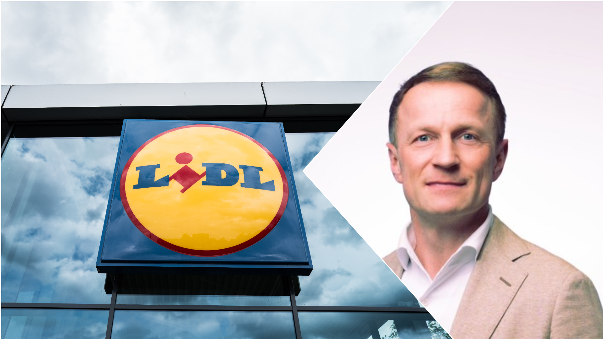 Lidl-logo en afzwaaiend coo Bert Ruijs. Foto's: ANP & Linkedin