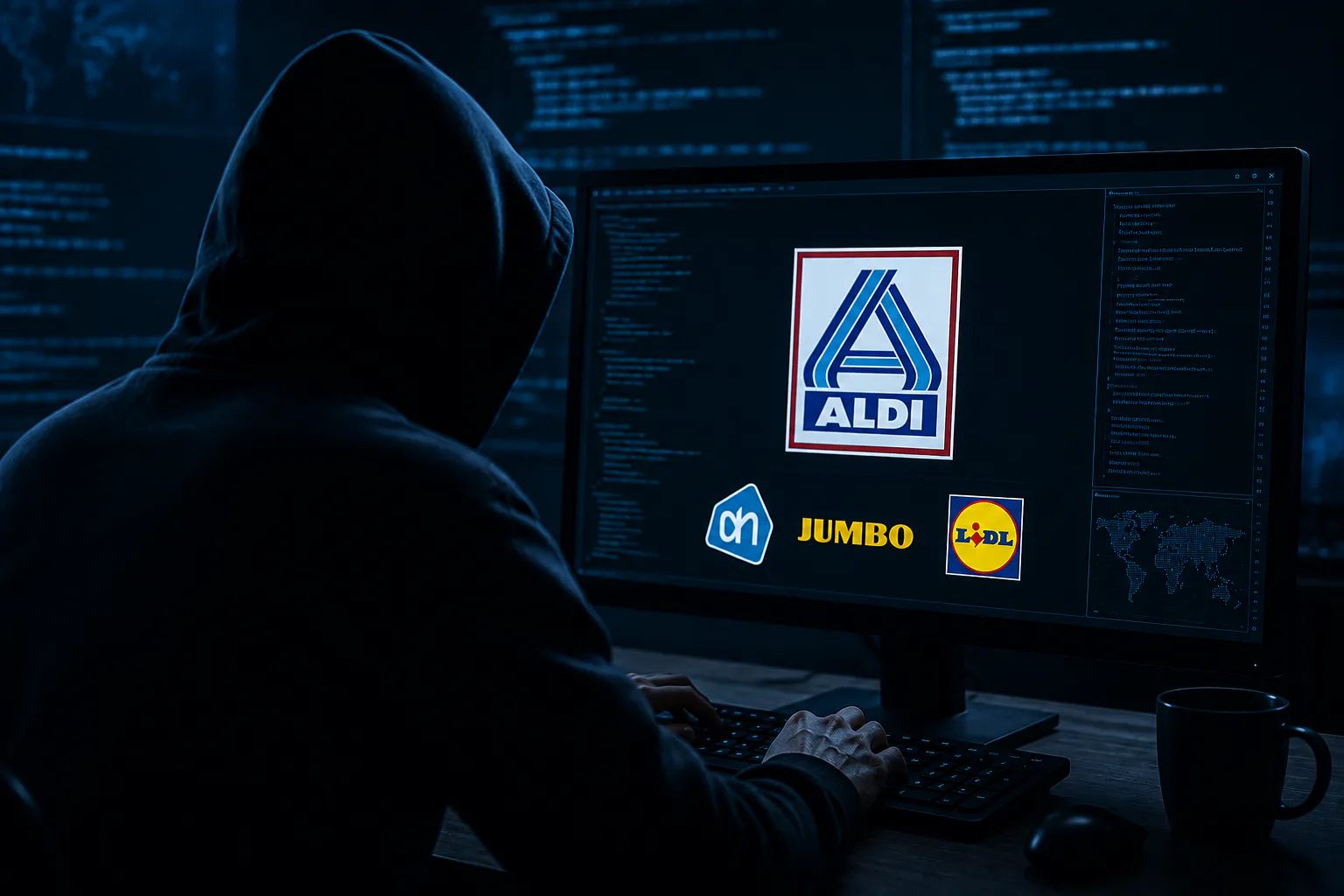 Afbeelding van hacker met logo's Aldi, AH, Jumbo en Lidl ter illustratie. Beeld: ChatGPT