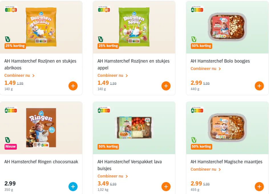 Een deel van het AH Hamsterchef-assortiment. Beeld: AH.nl