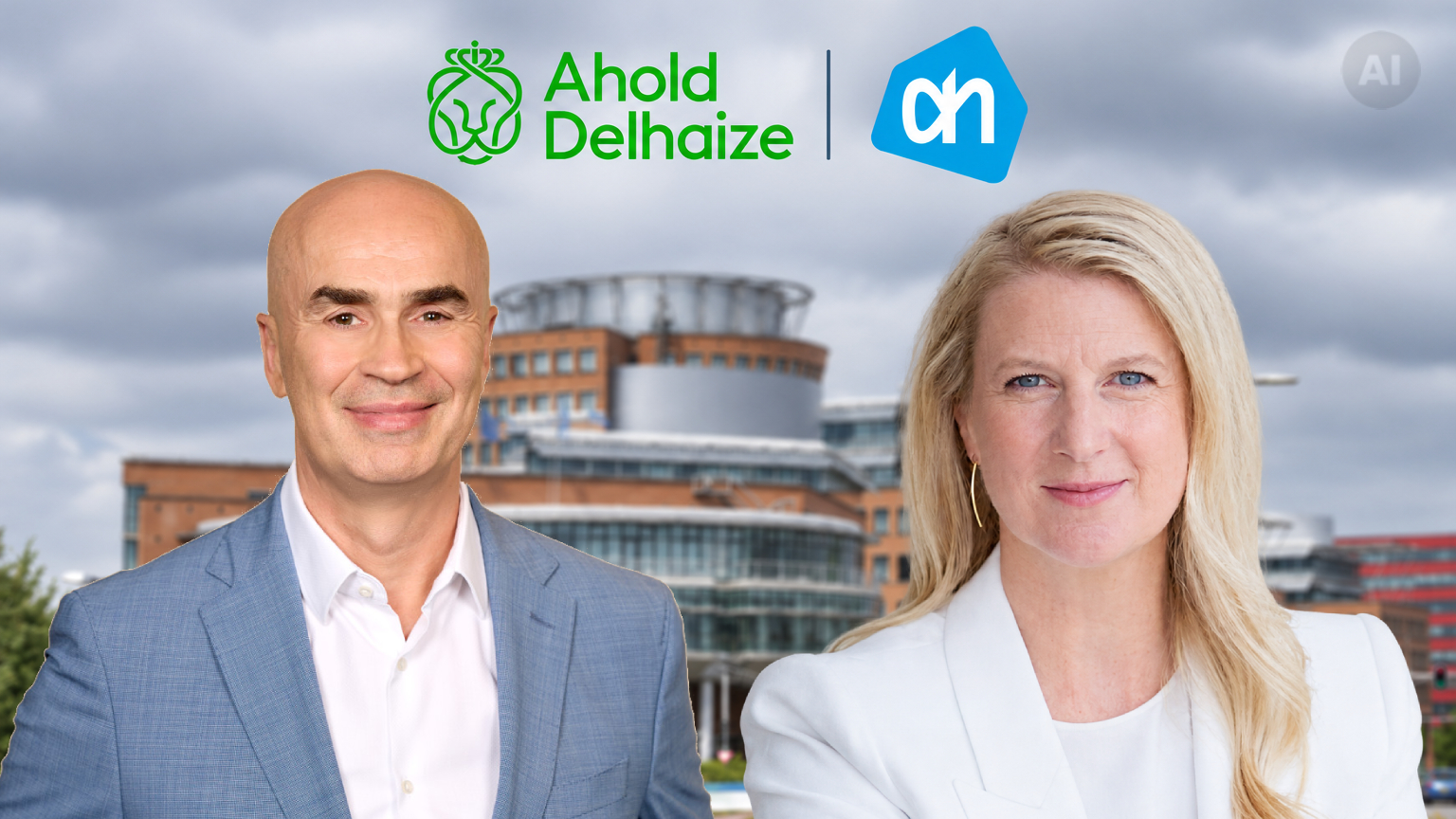 Claude Sarrailh en Margaret Versteden van Duijn. Foto's: Ahold Delhaize (achtergrond bewerkt met AI)